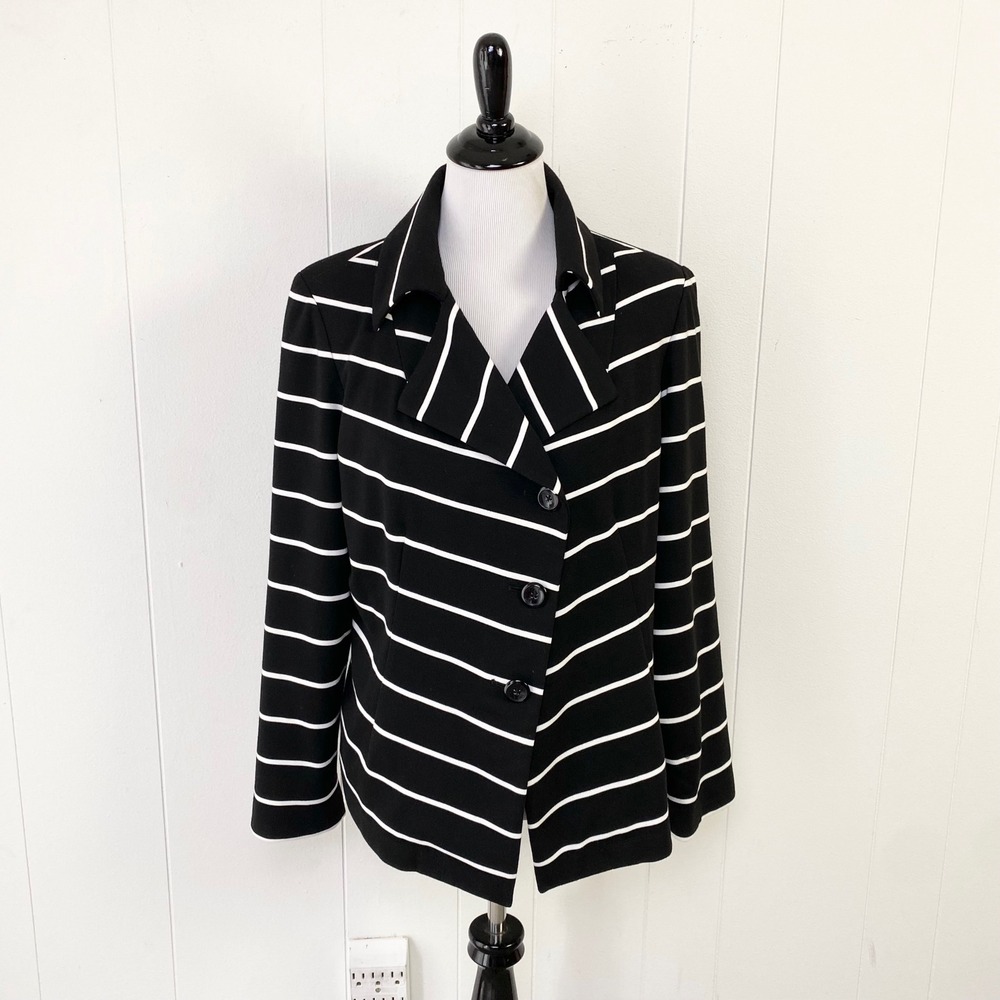 Chico's Black White Striped Button Front Lined Blazer Jacket Size Large